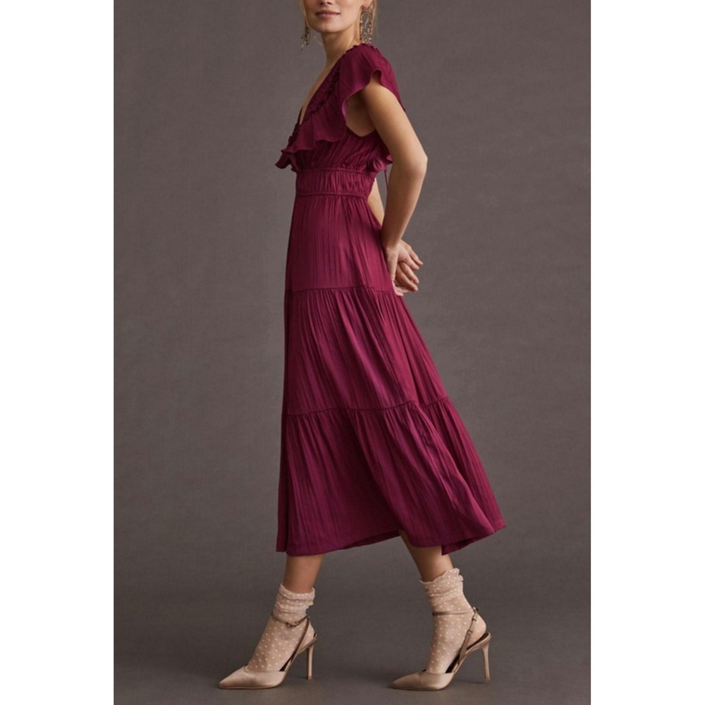 Anthropologie Ruffle Tiered Midi Dress Berry Wine Flutter Sleeve Smocked Waist M